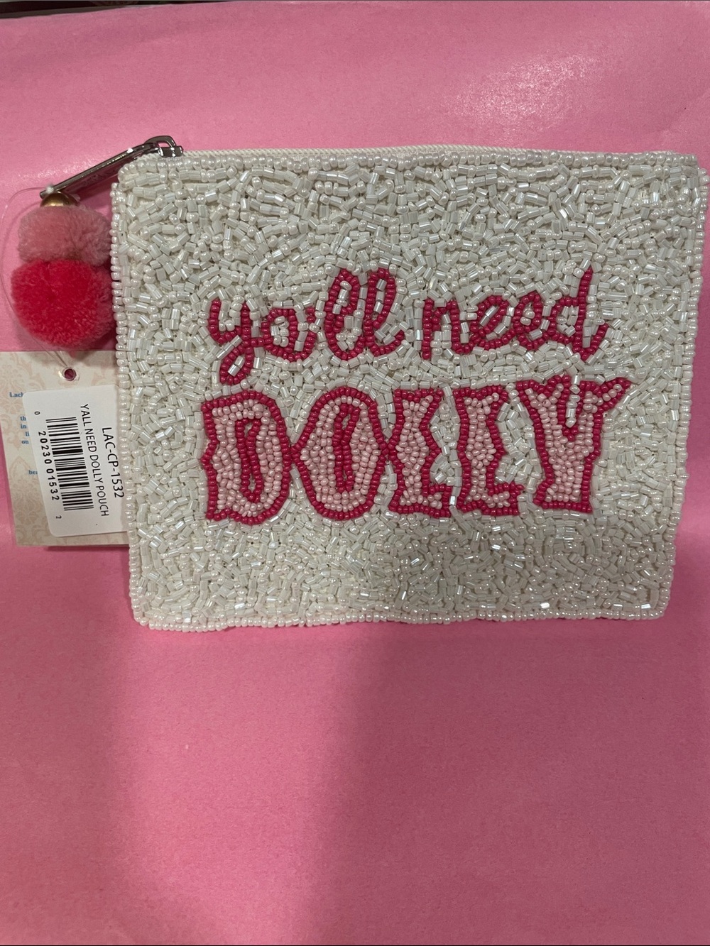 Ya'll Need Dolly Beaded Pouch - Dolly Parton White with Pink Accents - Handmade - Picture 4 of 10